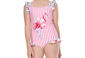 European and American girls positioning printed one-piece swimsuit